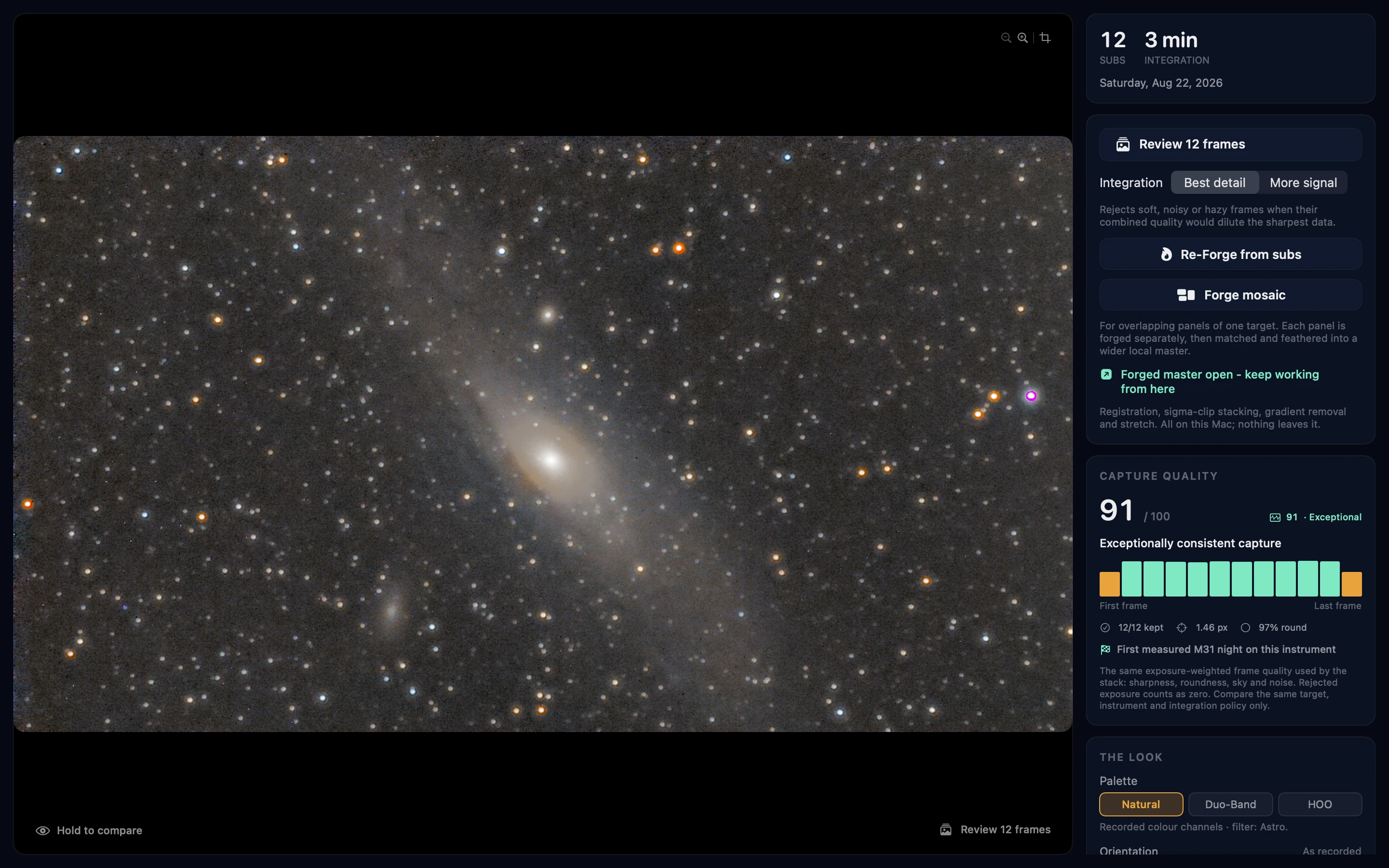 Earendel's Forge showing a real M31 master beside its frame ledger, capture quality score and picture controls
