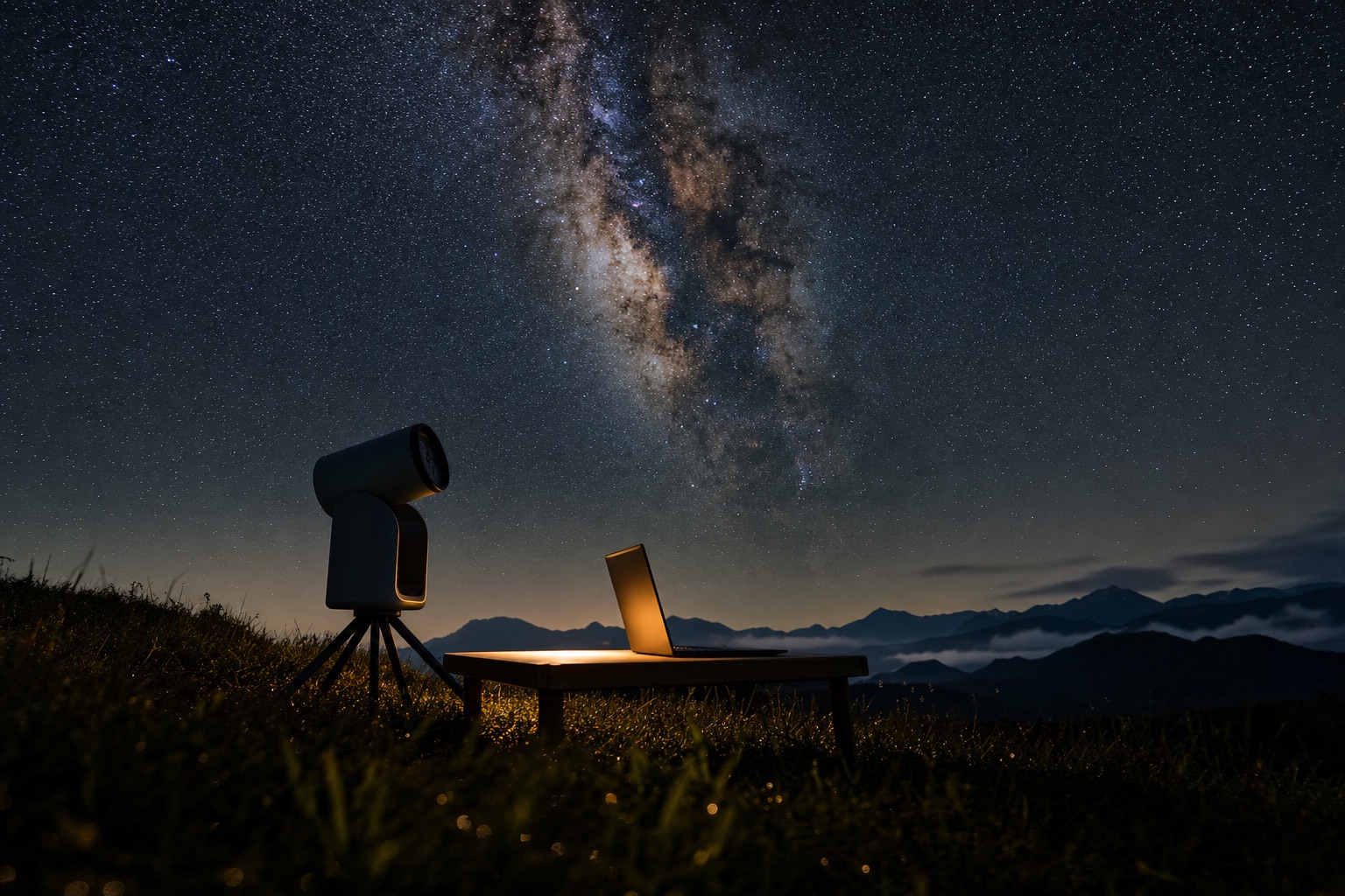 A small smart telescope on a hillside under the Milky Way, a laptop glowing beside it